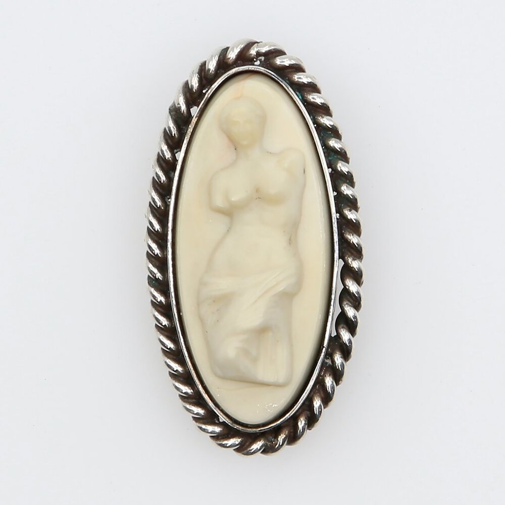 Vintage Hardstone Venus de Milo Carved Cameo Sterling Silver Brooch 1940s-60s